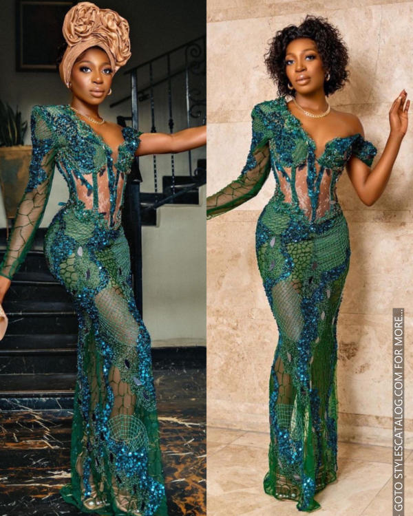 45+ Matured Ways To Style Your Lemon, Sea, and Emerald Green Lace Fabric For Owambe Parties (31)