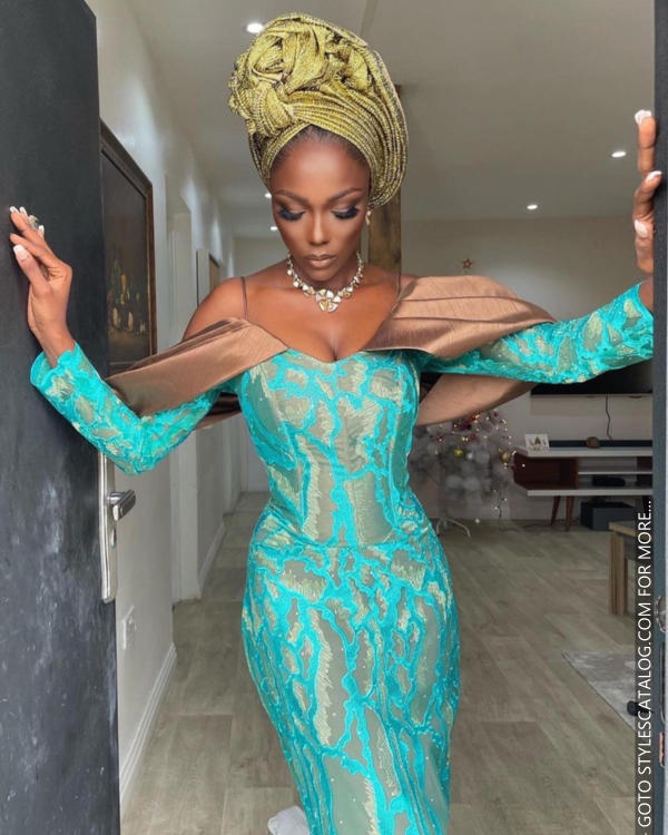 45+ Matured Ways To Style Your Lemon, Sea, and Emerald Green Lace Fabric For Owambe Parties (37)