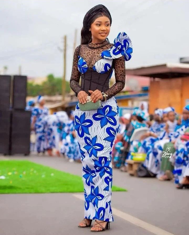 Fabulous Ankara party gown with one-shoulder illusion neckline