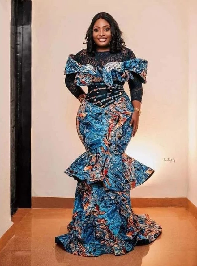 Mermaid Ankara gown with layered style and queen Ann sleeves