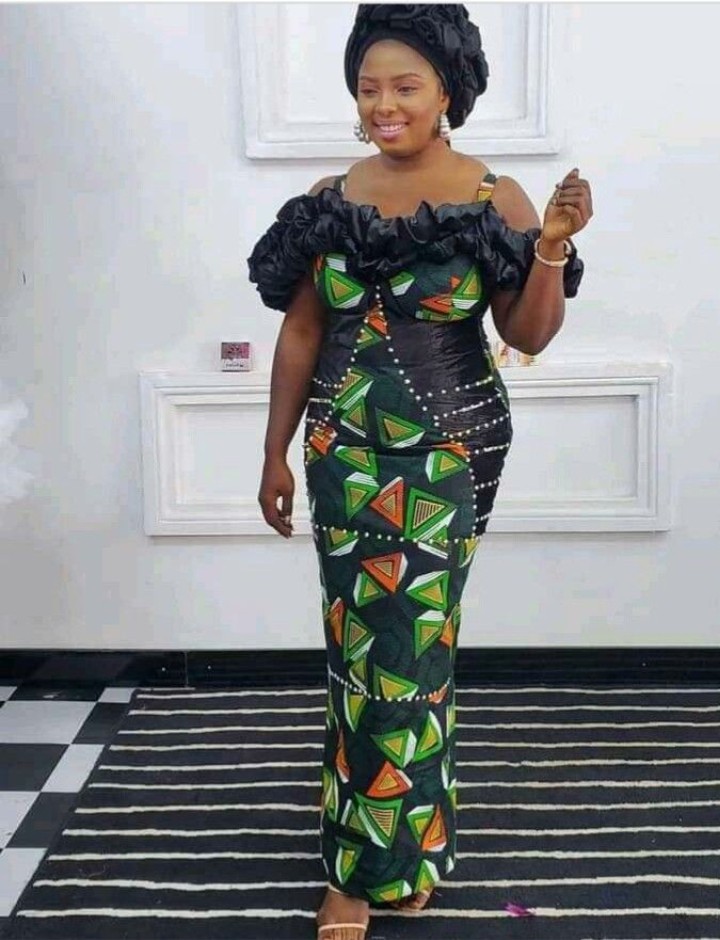 Off-shoulder Ankara straight long gown styles with ruffled neckline