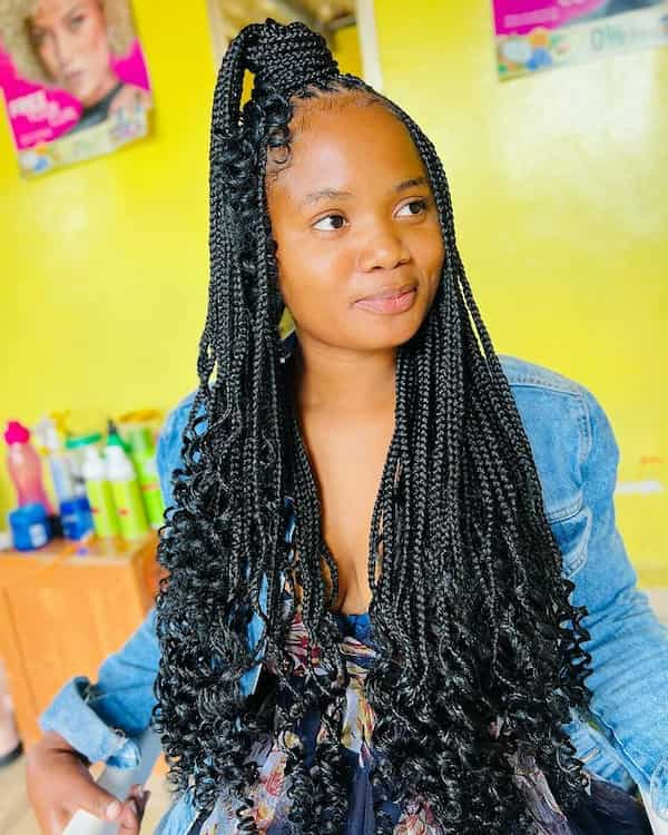 Simple Black Medium Knotless Braids With Curls