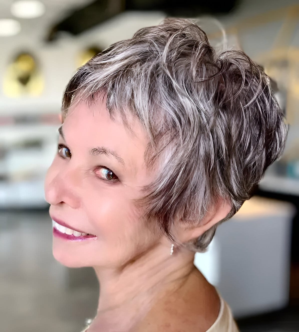 Elegant Salt-And-Pepper Pixie With Bangs