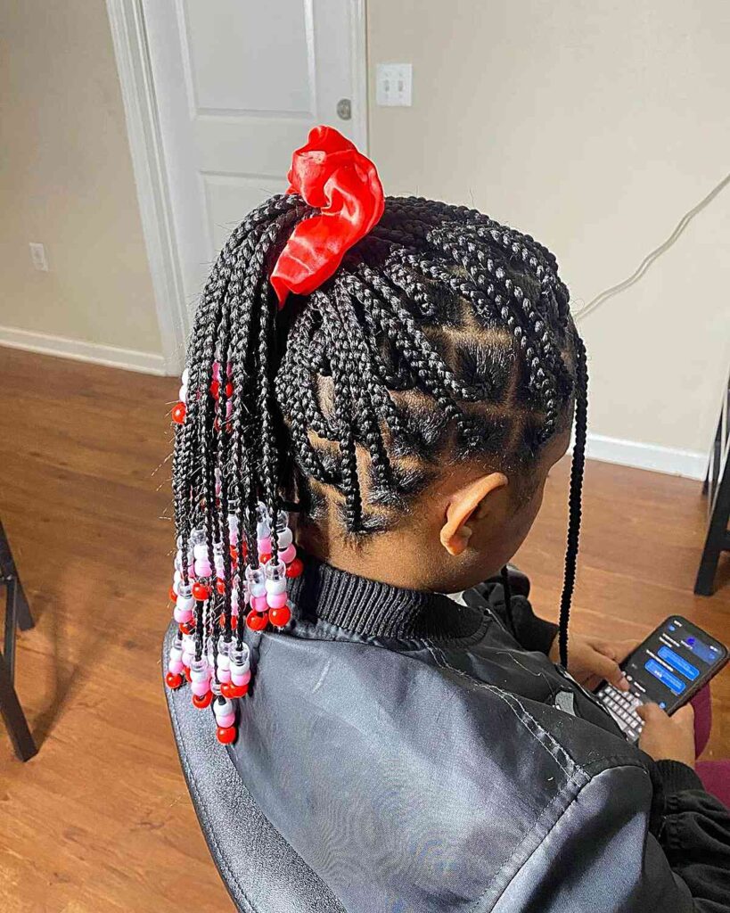 Box Braided High Ponytail With Red Beads