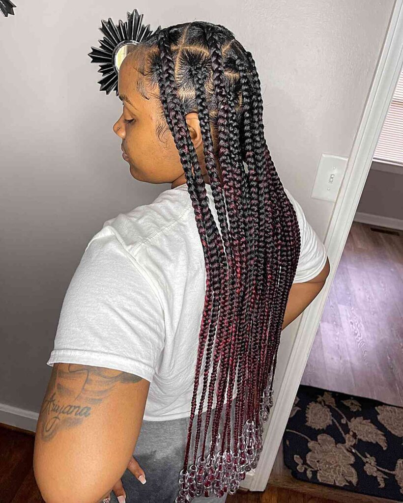 Red Ombre Box Braids With Transparent Beads