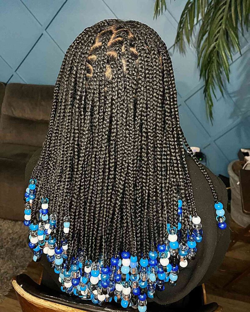 Thick Knotless Braids With Blue Beads