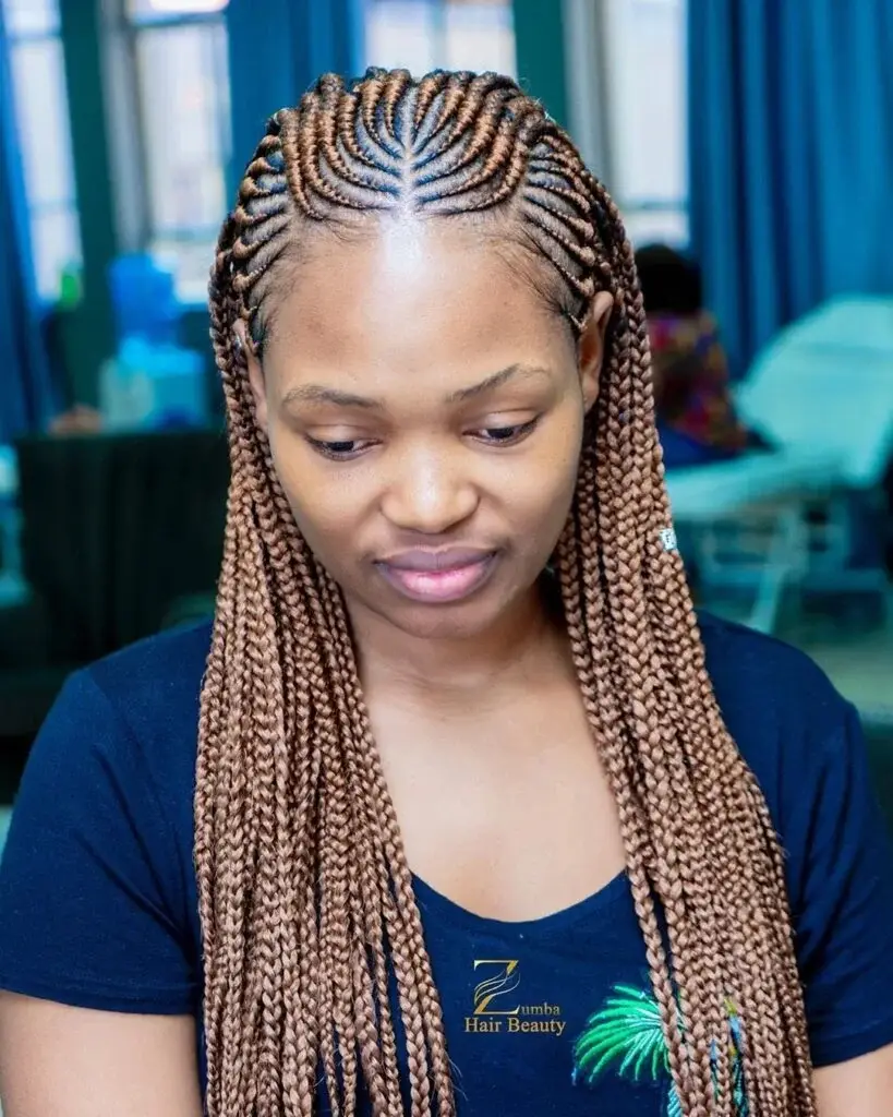 Neatly Patterned Cornrow with Long Box Braids