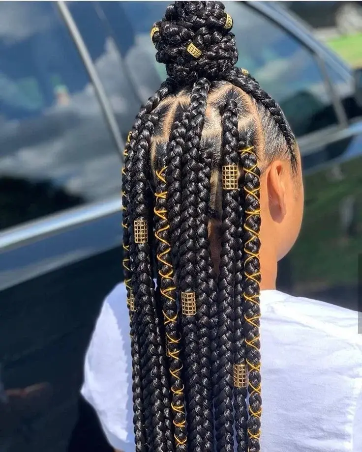 Jumbo Box Braids with Gold Beads and Wraps