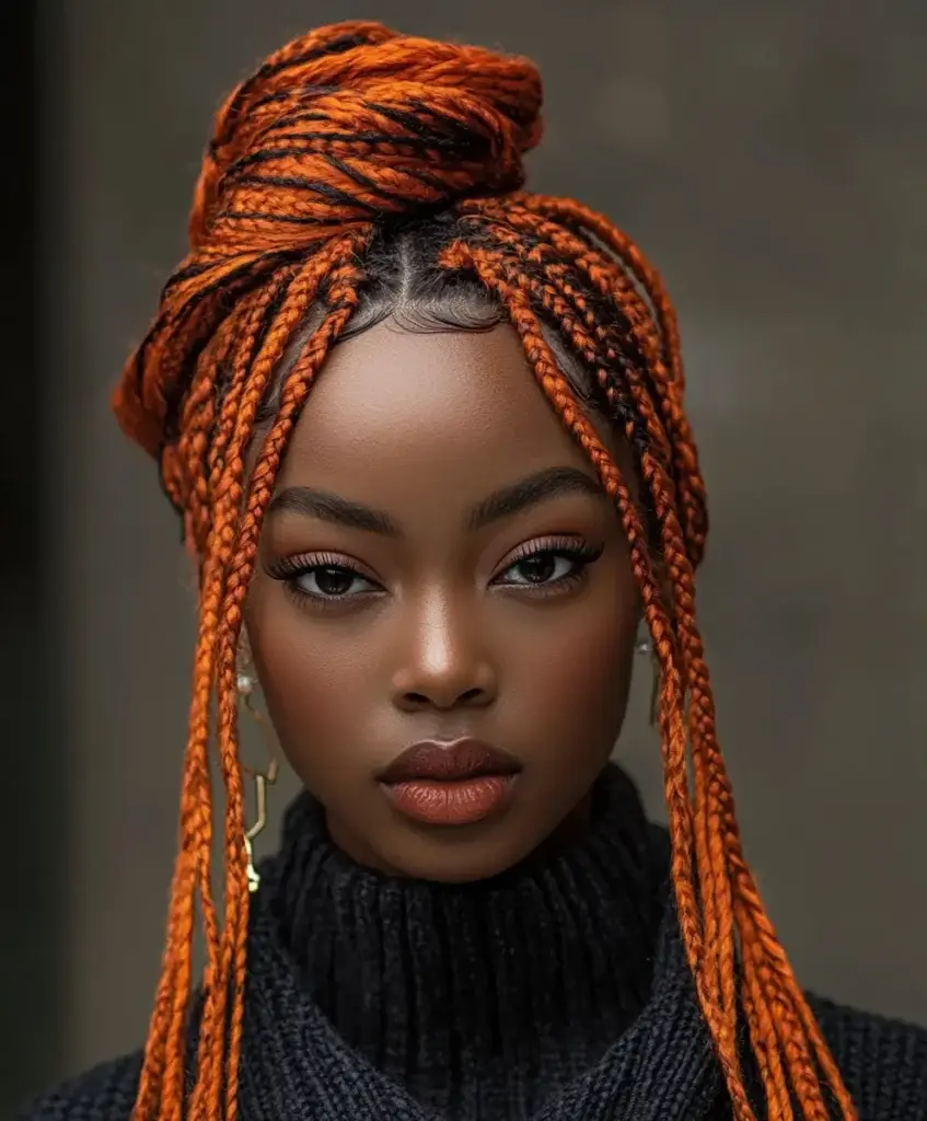 Burnt Orange Knotless Braids with High Bun