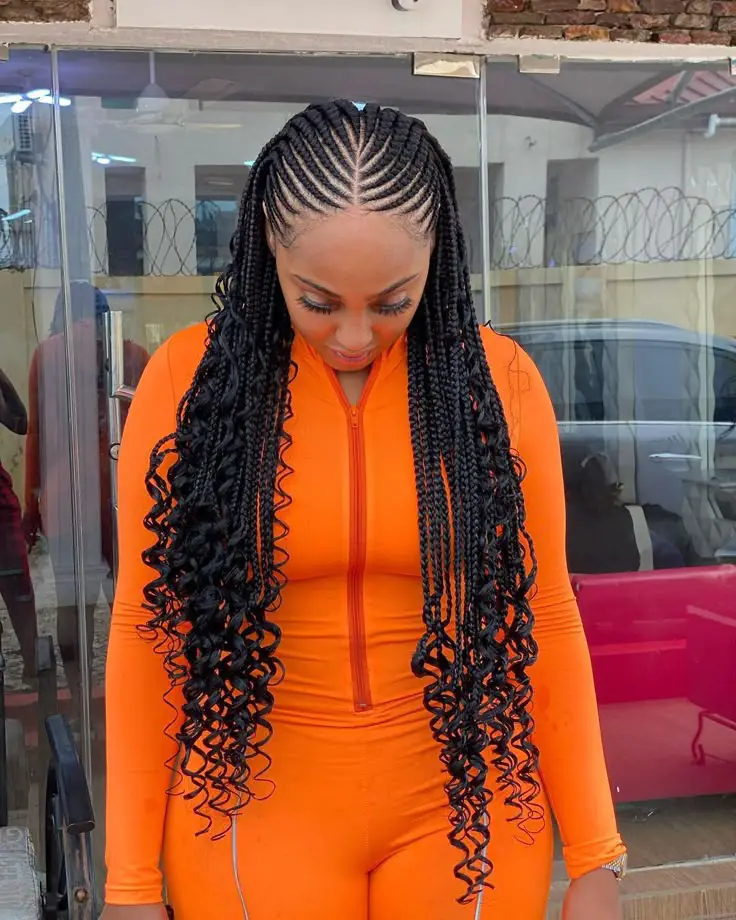 Middle-Parted Cornrow Braids with Curly Ends