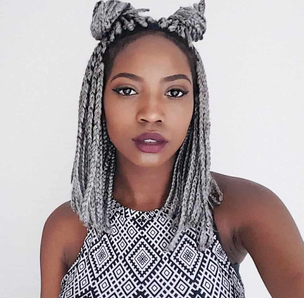 Bob-Length Grey Box Braids with Space Buns