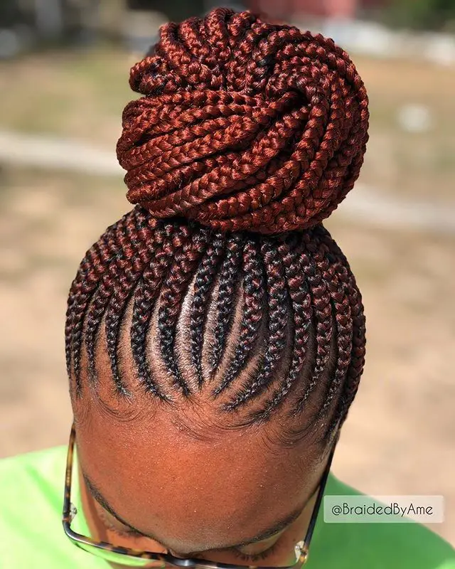 Burgundy Braided Bun with Cornrows