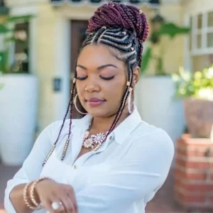 Burgundy Fulani Braids in a High Bun